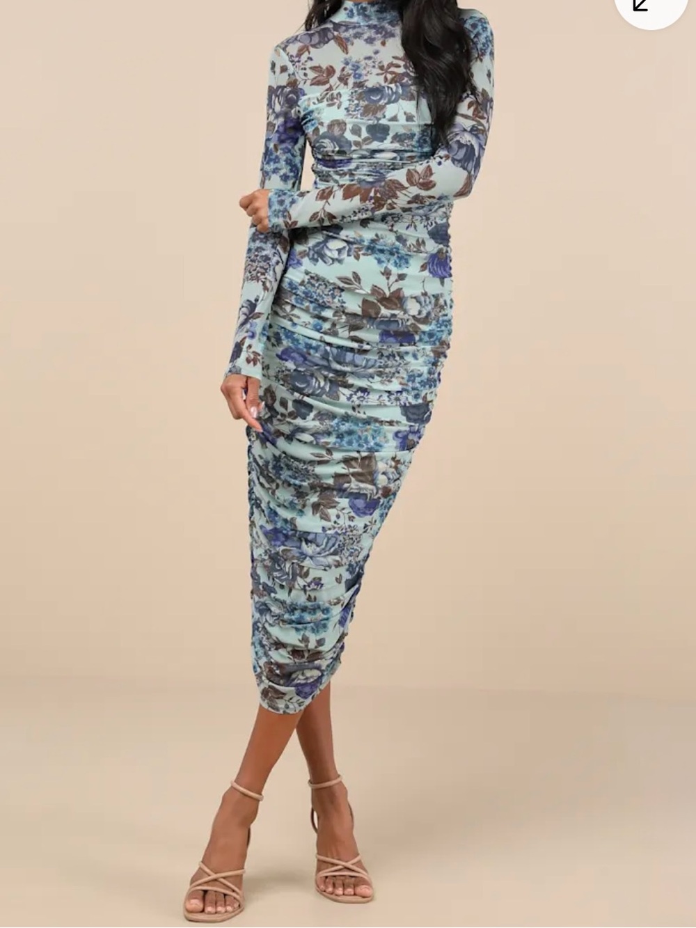 Lulu's Mint and Blue Floral Midi Dress with Ruched Skirt